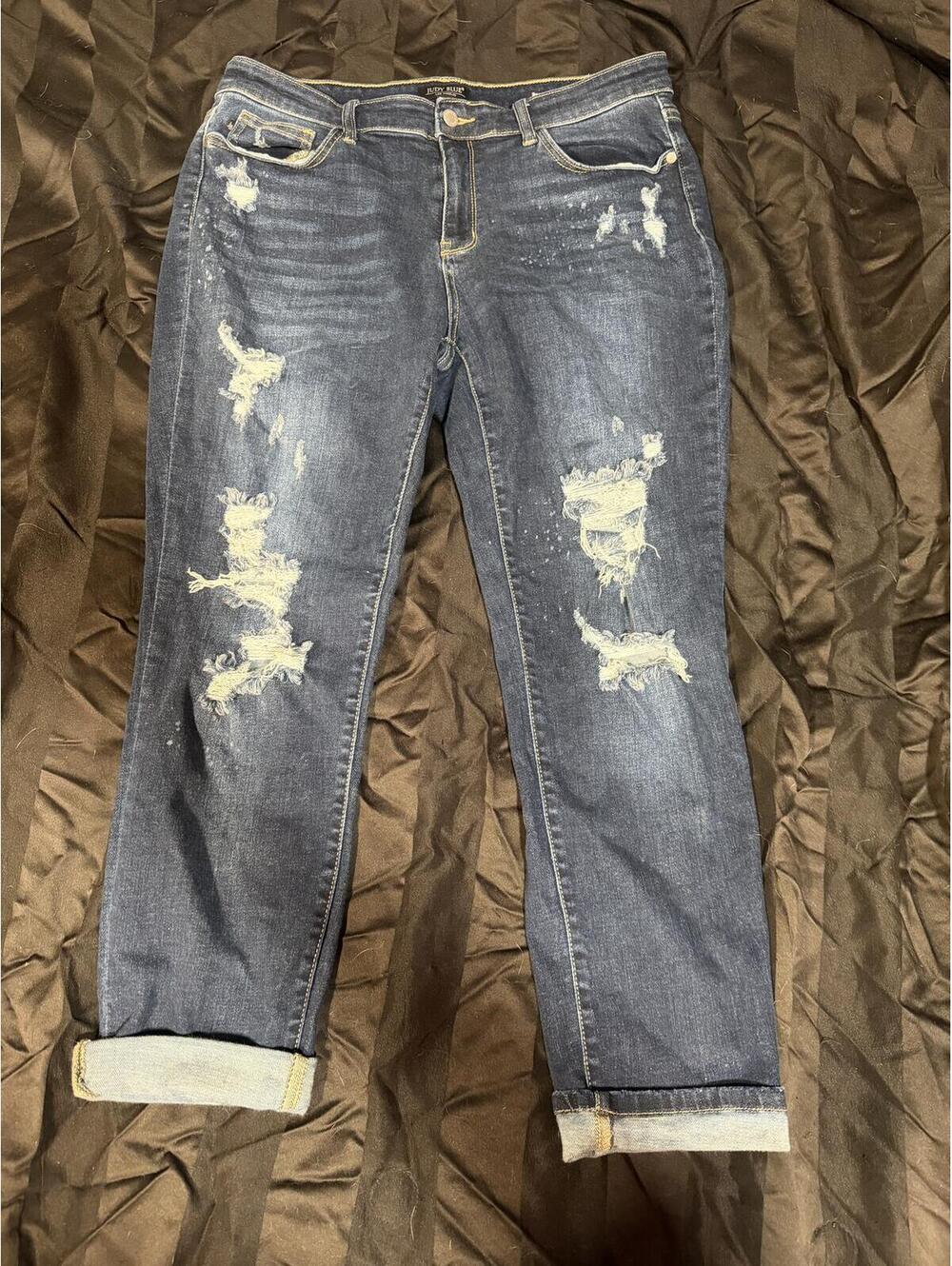 Judy Blue Distressed Boyfriend Jeans Dark Wash Cuffed Stretch 15/32